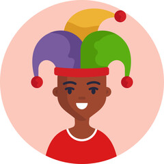 A vibrant, multi-colored hat with bells, representing the festive atmosphere and merriment of the Mardi Gras festival.