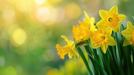 St. David's Day, spring background, bouquet of daffodil yellow flowers, horizontal banner, bokeh effect, copy space, free space for text © Svetlana Leuto