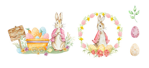 Set of Happy Easter watercolor cards with cute Easter rabbits, egg, spring flowers in pastel colors