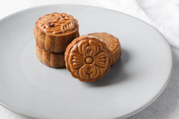 Overhead view of homemade mooncakes, top view of baked mooncakes, mooncakes for Lunar New Year and mid autumn festival