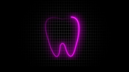 A neon tooth animation on a black background. Animated tooth .National Dentist Day Wisdom teeth extraction Oral care recovery .Dental Insurance Dentistry