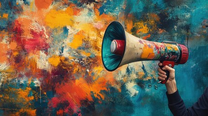 Individual Holding Megaphone with Modern Art Collage