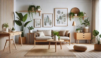 A minimalist Scandinavian living room with natural wood furniture and green plants.