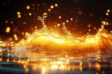 abstract splash of liquid water against a dark bronze background, highlighting the fluid movement and shimmer. macro view captures details with soft focus, suitable for artistic design elements