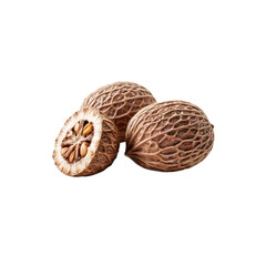 Nutmeg Trio:  Two whole nutmegs and one halved nutmeg, showcasing the intricate detail of the spice's shell and seed. Rich brown tones and textures are highlighted.