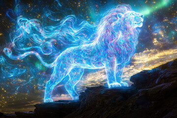 glowing azure lion stands majestically on rocky outcrop, radiating energy