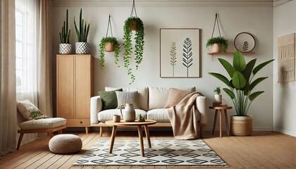A minimalist Scandinavian living room with natural wood furniture and green plants.
