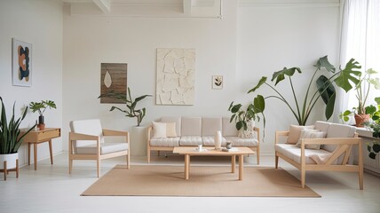 A minimalist Scandinavian living room with natural wood furniture and green plants.