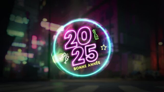 Bonne annee 2025. Happy New Year 2025. Colourful neon lights and digits. French text outline in a transparent glass ball. Champagne, glasses, star animation. Blurred city celebration background.