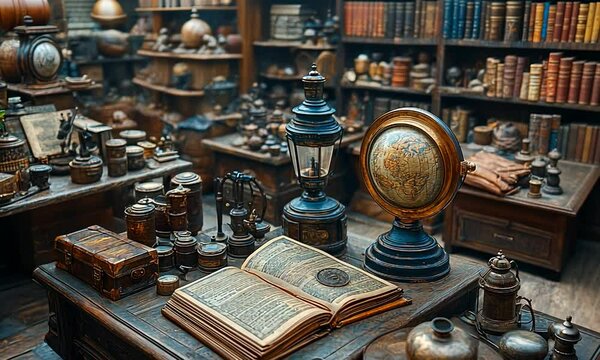 A vintage study filled with books, globes, and antique items.