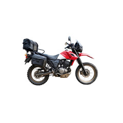 Red Dual-Sport Motorcycle with Luggage: A rugged red dual-sport motorcycle is shown in profile view, equipped with black saddlebags and a top case, ready for adventure.