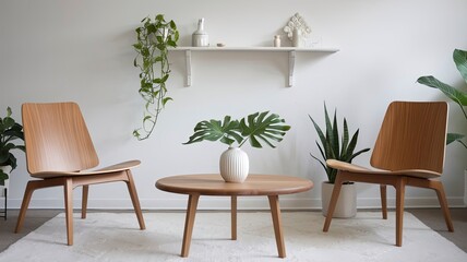 A minimalist Scandinavian living room with natural wood furniture and green plants.