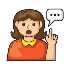 Girl in orange with raised finger and speech bubble suitable for presentations, education, communication, and advice topics for various media