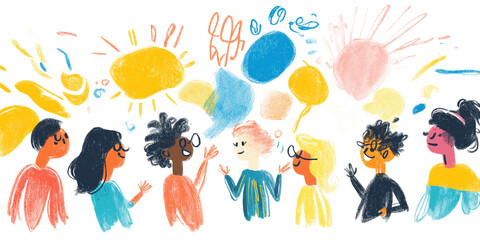 A unique, loosely drawn illustration of a diverse team collaborating in discussion