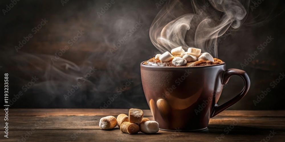 Poster warm, steaming mug of cocoa topped with marshmallows on rustic wood
