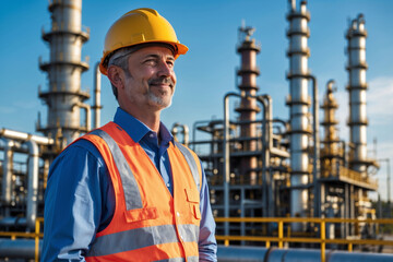 Happy petrochemical engineer with oil refinery background.