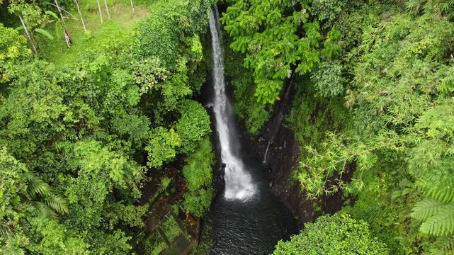 The drone view of Pete Waterfall in Banyumas Regency, Central Java, Indonesia. It was taken on January 13, 2025 by a professional. It's a wonderful landscape with a nice view