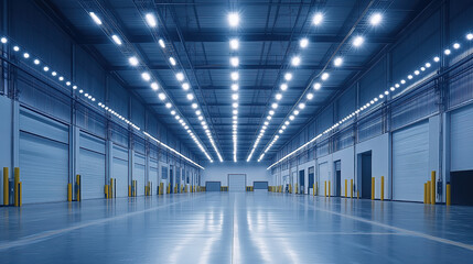 Modern industrial warehouse with bright overhead lighting