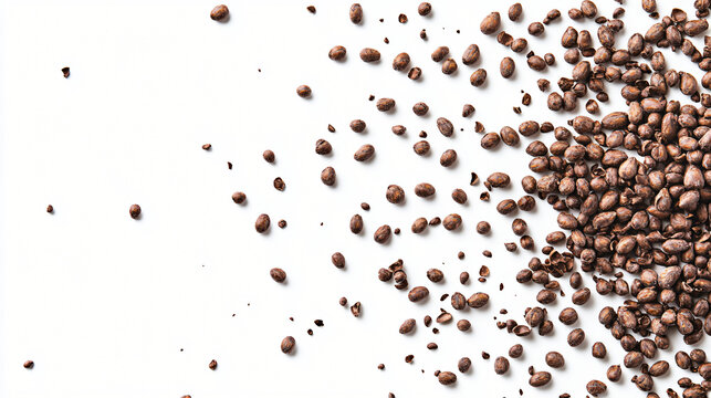 An overhead shot of cocoa beans scattered on a white background, creating a visually striking composition with their various sizes and shapes.