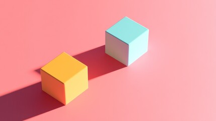 Obraz premium Two pastel cubes on pink background casting shadows.