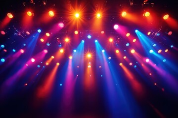 A vibrant display of stage lights in various colors, illuminating the scene with dynamic beams of blue, purple, and orange, creating an energetic atmosphere.