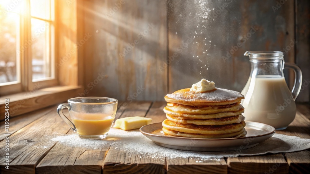 Poster a delicious stack of buttery pancakes, dusted with powdered sugar, served with milk and coffee on a 