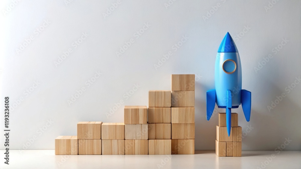Poster blue rocket launching from wooden block staircase symbolizing growth and progress