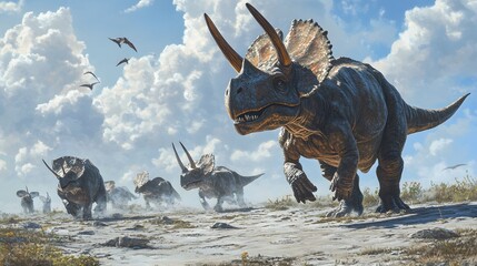 Fototapeta premium 49. A herding scene with protoceratops moving across a vast plain, with a white sky above