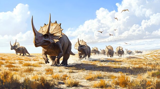 49. A herding scene with protoceratops moving across a vast plain, with a white sky above