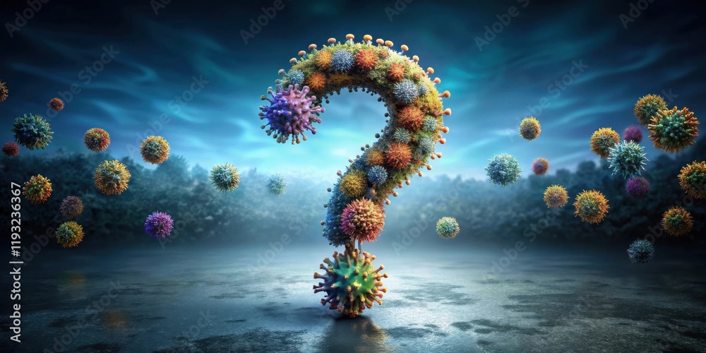 Poster uncertain future microscopic organisms forming a question mark in a mysterious environment