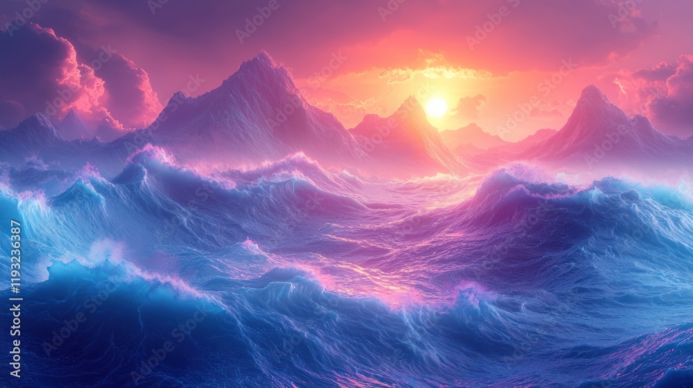 Canvas Prints Colorful waves, mountains at sunset.