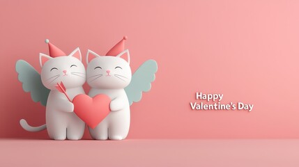 Two cute cats with angel wings hold a heart, celebrating Valentine's Day against a pink background.
