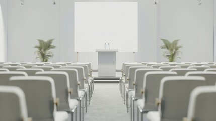 Neatly arranged rows of chairs facing a podium and banner on a white background for a local seminar.