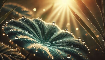 A macro shot of dewdrops on a green leaf in natural morning light.