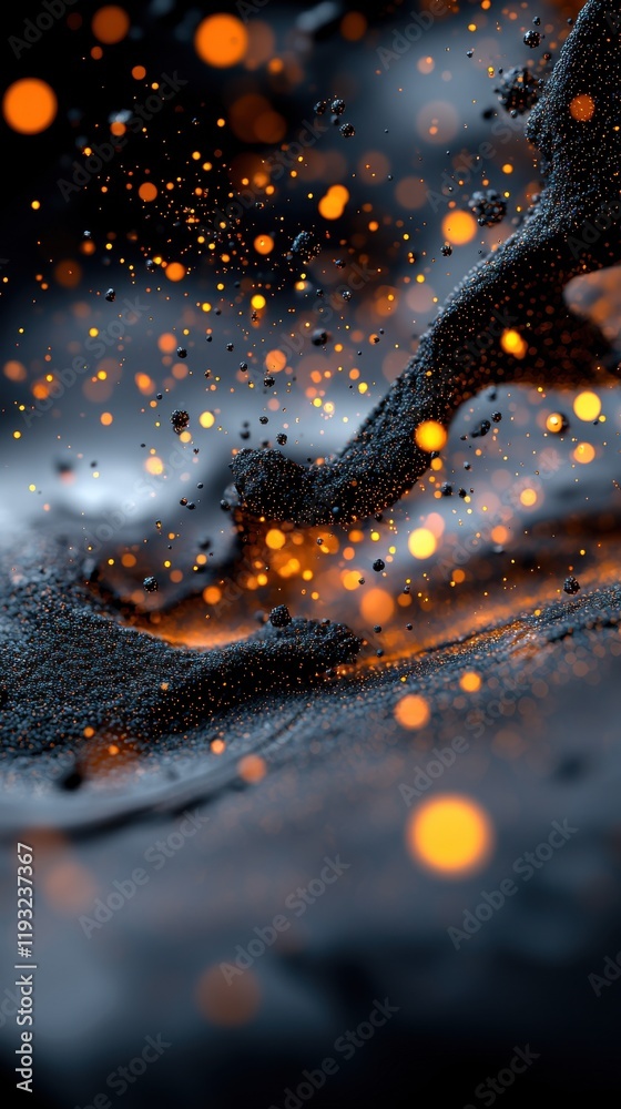 Poster dynamic explosion of glowing particles abstract setting digital art dark environment close-up viewpo