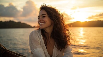 Smiling Mature Woman Enjoying Sunset Aboard Luxury Yacht in Tropical Waters