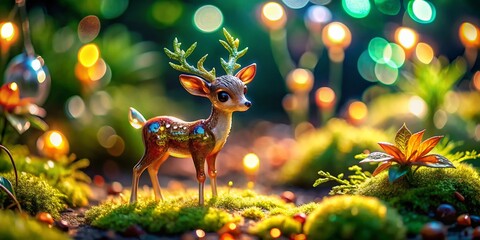 Naklejka premium Adorable Glass Fawn Figurine, Miniature Deer with Antlers, Tilt-Shift Photography