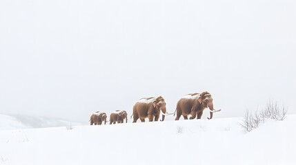 Naklejka premium 62. A woolly mammoth family walking in the snow, with a simple white backdrop