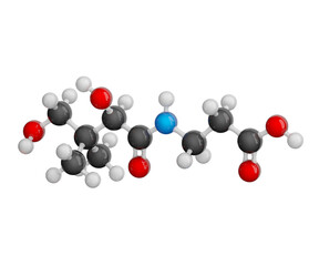 Molecule of Pantothenic acid (B5 vitamin). Molecular formula: C9H17NO5. Chemical model: Ball and Stick. Isolated. White background. 3D illustration.