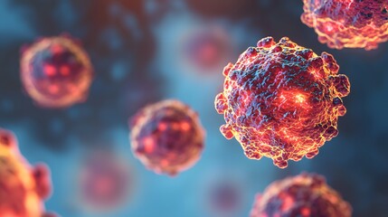 A vibrant close-up of virus-like particles, showcasing intricate details and glowing elements against a blurred background.
