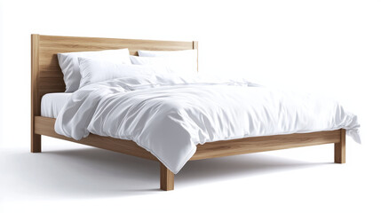 Cozy wooden bed with white bedding, perfect for restful sleep experience