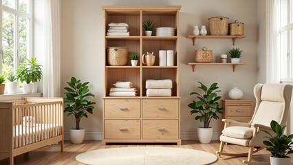 Cozy baby room featuring a central light brown wooden dresser with elegant silver handles, perfect for organization. Warm, inviting ambiance ideal for little ones