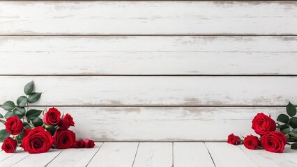 Red rose bouquets on rustic white wash wood board wall and floor mockup background