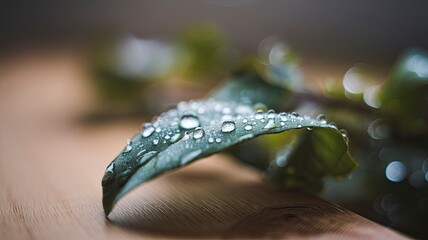 A macro shot of dewdrops on a green leaf in natural morning light.