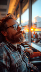Obraz premium Exhausted traveler resting at airport gate during sunset, reflecting on journey