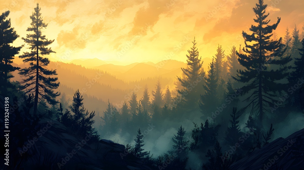 Wall mural Golden Sunset Over Misty Mountain Forest