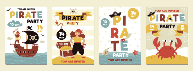 Fototapeta premium Pirate party invitation, birthday.A cards for a kids party.Pirate ship, skull, crab, treasure chest. Cartoon Flat illustrations