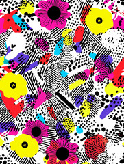 Abstract floral pattern with vivid colors and polka dots, ideal as a vibrant background