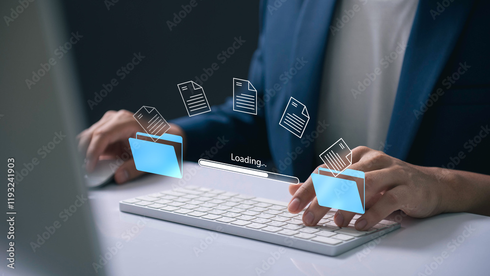 Poster Digital File Management and Data Transfer Tools. Discover Cloud Based Solutions for Secure Uploads, Backups, and Collaboration in Modern Business Environments.
