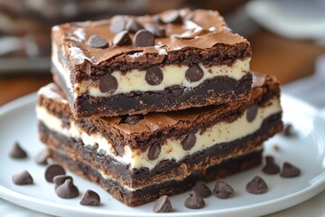 Two layers of freshly baked brownies filled with cream cheese and topped with chocolate chips
